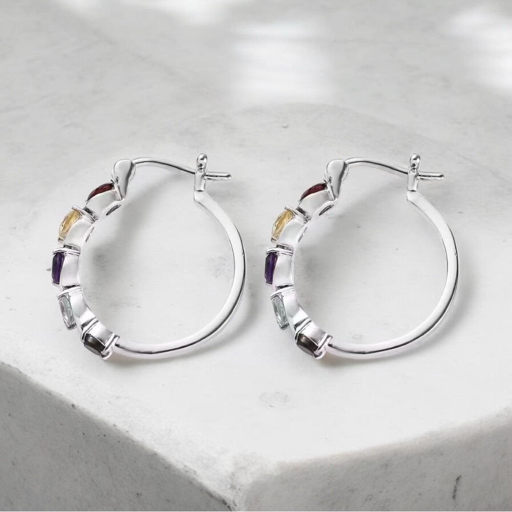 Multi Gemstone 2.60ctw Hoop Silver Earrings in Stainless Steel - Picture 4 of 8